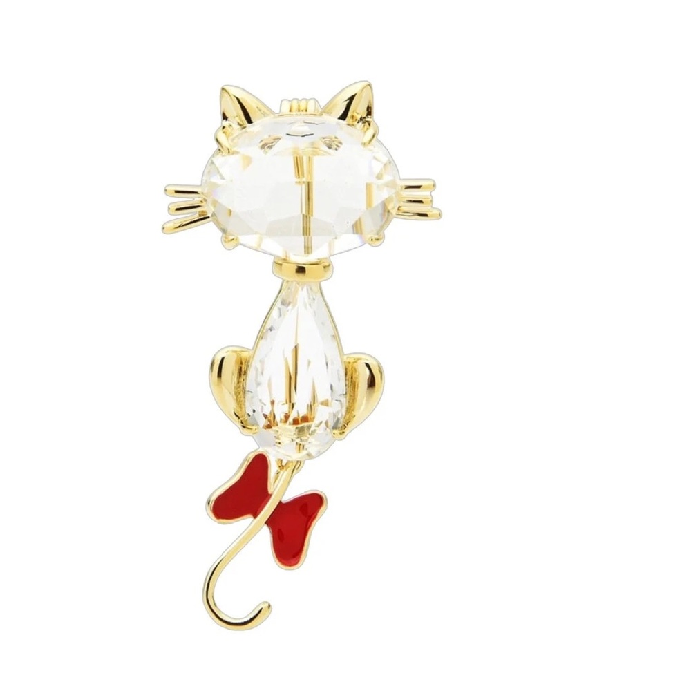 Crystal Cat Brooches Women Black Red Enamel Bowknot Cat Brooch